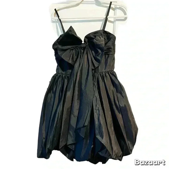 NWT Mac Duggal Spaghetti Strap Center Bow Balloon Mini Dress in Black Size 4 - Picture 4 of 10